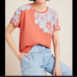 Anthropologie Coral and Light Blue Floral Short Sleeve Tee
